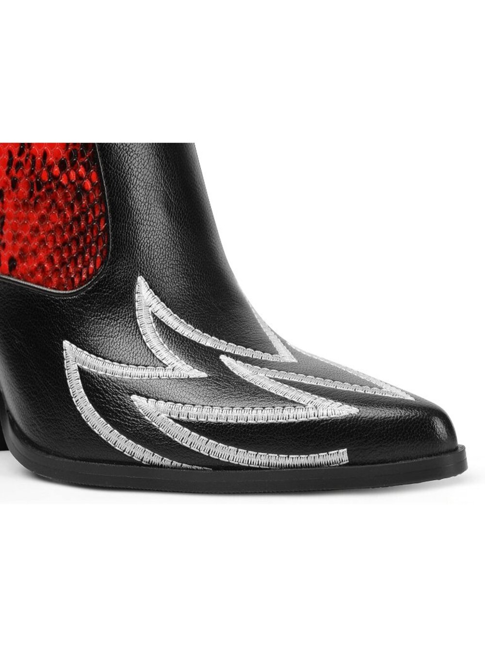 Women Black and Red Faux Leather Mid Calf Embroidery Pointed Toe Cowboy Boots - Picture 6 of 7